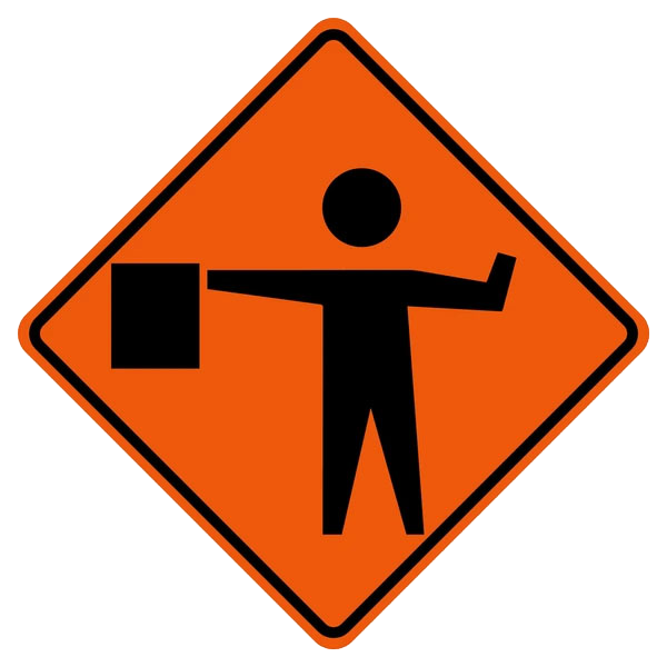 An orange construction sign featuring a figure with its hand raised to stop traffic.