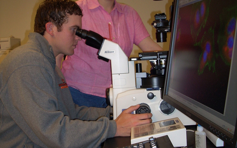 Dr. Toering-Peters with Student on Microscope