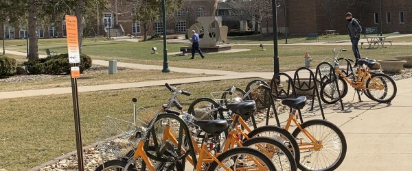 Orange bikes can be checked out at Vogel Library.