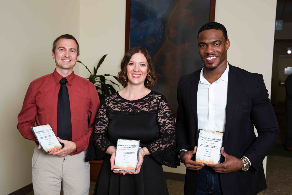 Wartburg College honored its 2018 Young Alumni Award winners (from left) Dr. Joel Tuttle, Christina Wood and Russell Harris, during a dinner Friday, April 13.