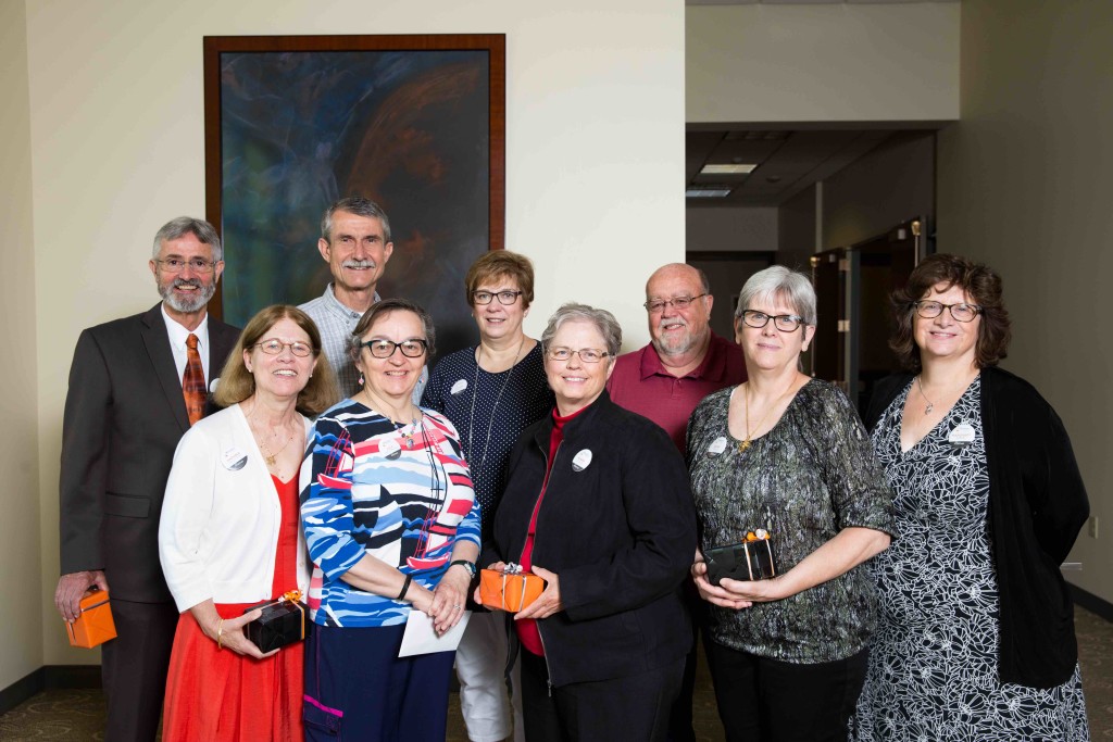 Wartburg College retirees include (back row, l to r) John Myers, Cliff Brockman, SuzAnn Kramer, Jim Anderson and (front row, l to r) the Rev. Ramona Bouzard, Julie Breutzmann, Susan Lenius, Anna Epley and Margaret Empie.