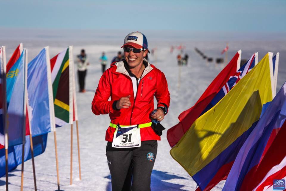 Sarah Lacina runs in Novo, Antarctica, as part of the World Marathon Challenge.