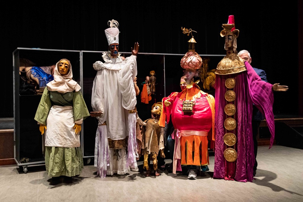 These five life-sized puppets will take center stage Sunday, Dec. 15, during the Wartburg Community Symphony’s holiday concert. From left the puppets represent Amahl’s mother, King Balthazar, Amahl, King Kaspar and King Melchior.