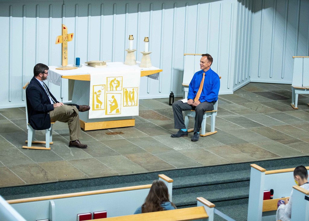 Dr. Dan Kittle, Dean of Students, talks with Pastor Brian Beckstrom during the first faculty faith story interview.