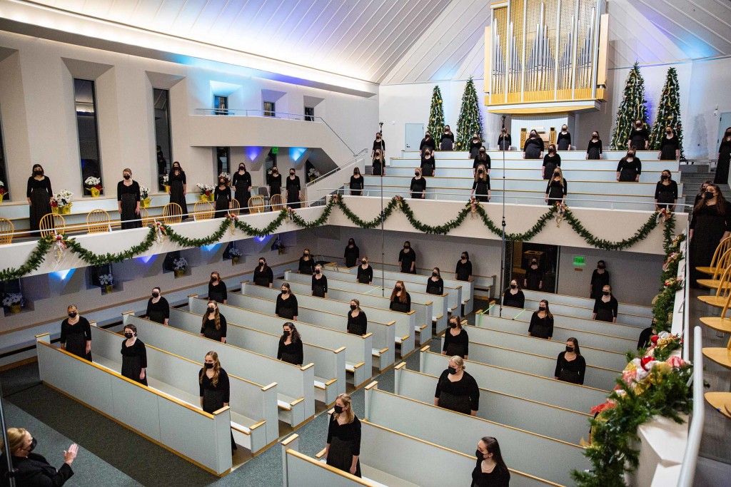 The Saint Elizabeth Chorale performs in the Wartburg Chapel during a taping of the 2020 Christmas with Wartburg production.