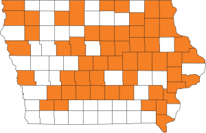 Iowa county map with counties shaded orange where an Ioponics system is installed.