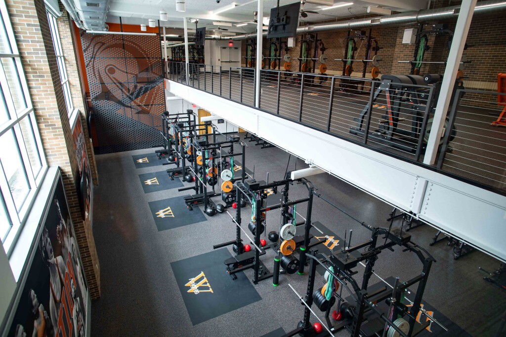 The view from the upper level of Wartburg College’s new Meyer Strength & Conditioning Annex showcases the 17 weight platforms and expanded areas for strength and conditioning activities, which allows multiple teams to utilize the space at one time.