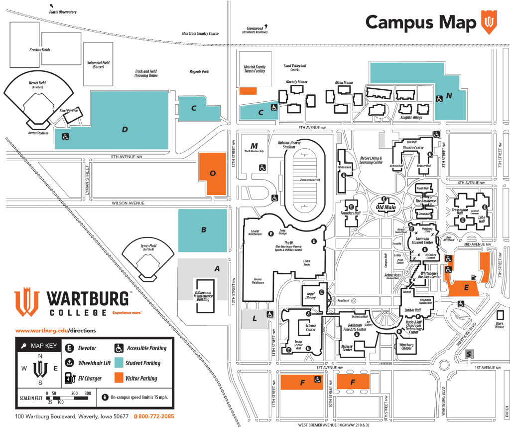 Wartburg Campus map showing student and visitor parking lots.