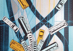 art by raluca iancu, multiple trains in light blue, white and yellow collide at a single point on a geometric background in the same colors