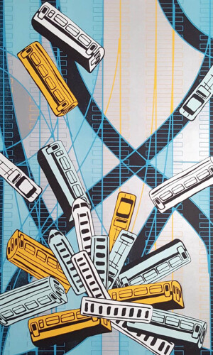 art by raluca iancu, multiple trains in light blue, white and yellow collide at a single point on a geometric background in the same colors