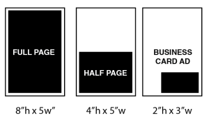 Ad Sizes for Symphony: Full: 8x5 vertical; Half: 4x5 horizontal; Bus Card: 2x3 horizontal