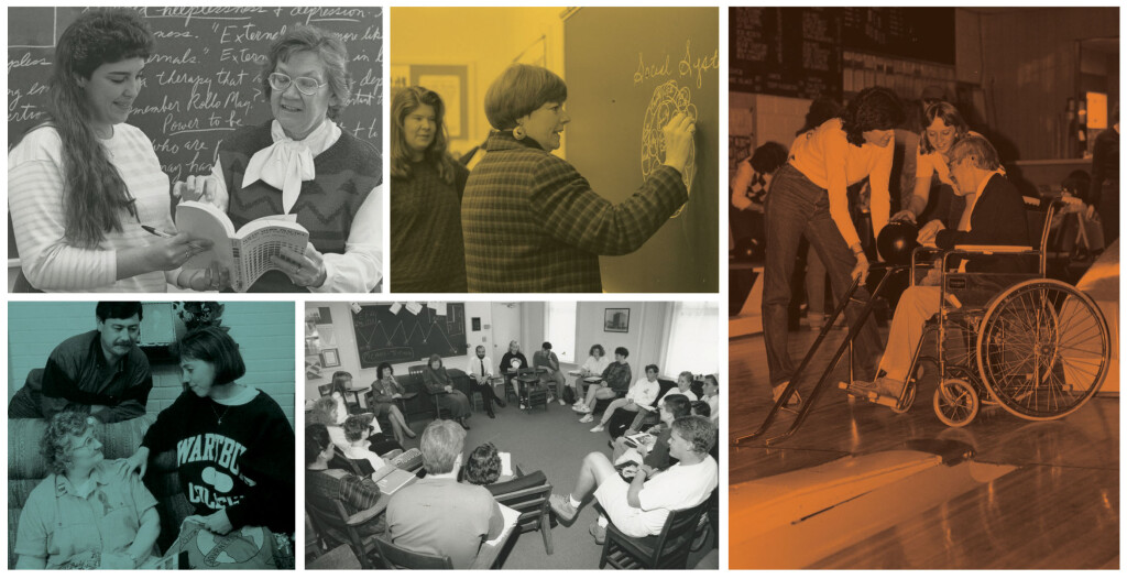 Five photos in a collage that show the Wartburg social work program through the years.
