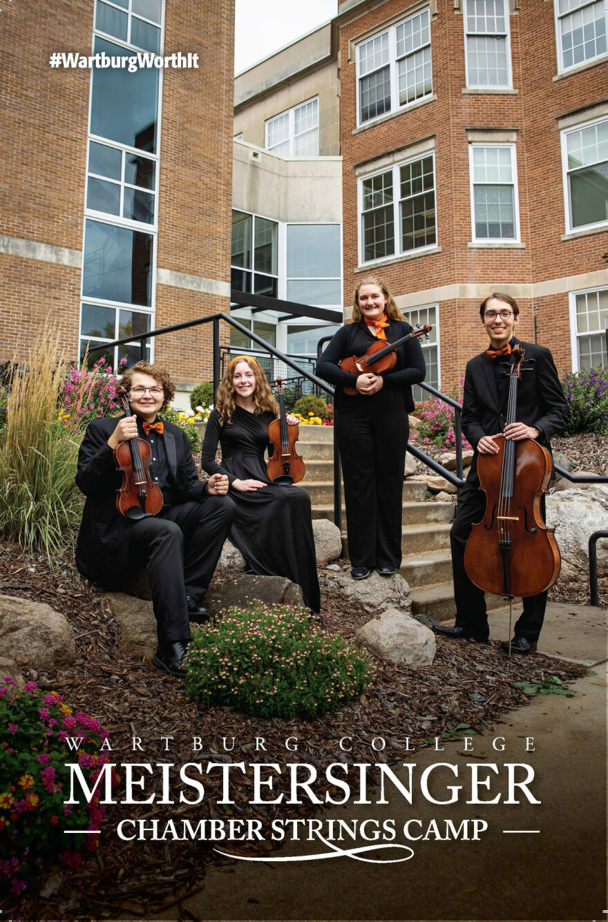 Members of St. Georges Orchestra pose on the wartburg campus. Text reads hashtag wartburg worth it Meistersinger Chamber Strings Camp