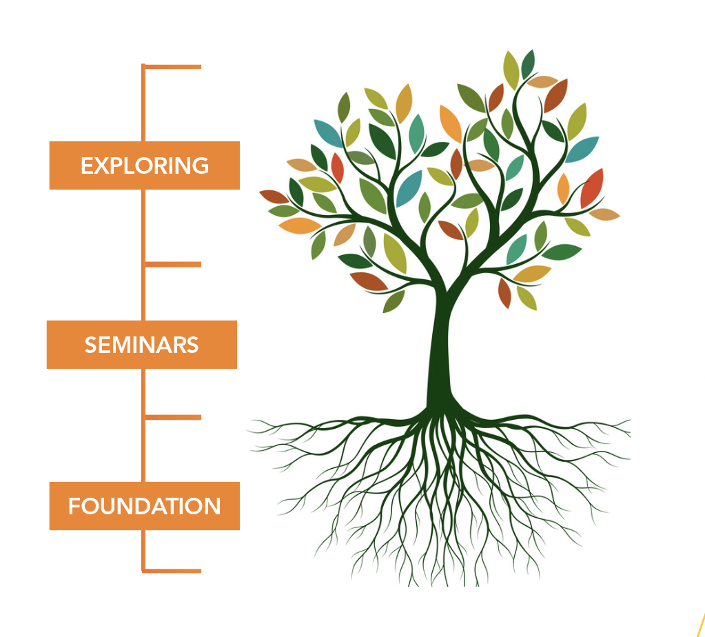 THRIVE Tree and Levels: Roots (Foundation), Trunk (Seminars), Branches (Exploring)