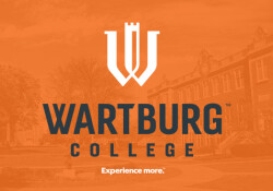 Wartburg college logo on photo of Luther Hall screened in Wartburg Orange