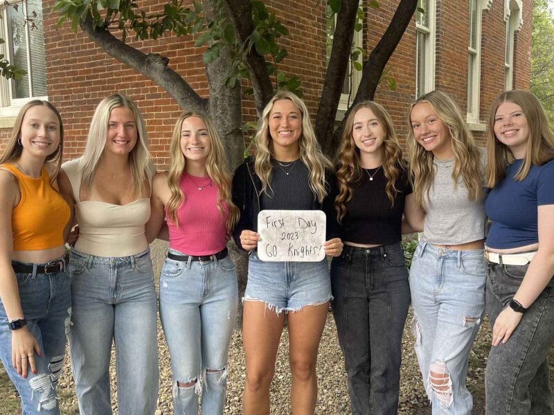Isabella Hobson (third from right) with her friends on the first day of school.