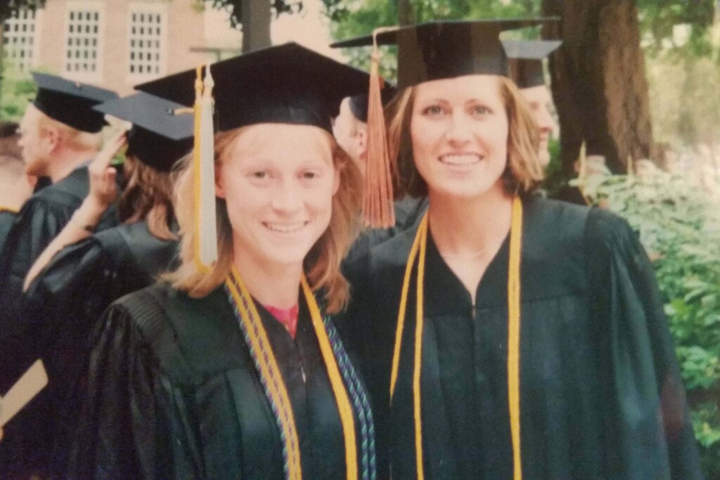 Keri Deppe Carstens (left) and Jenni Donohue Talboot at their Wartburg graduation.