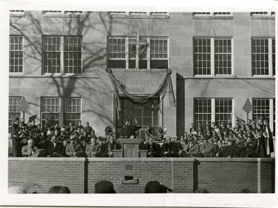 Exterior shot of Luther Hall during dedication ceremony