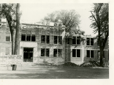 The exterior of luther hall during renovations in the 1950s.