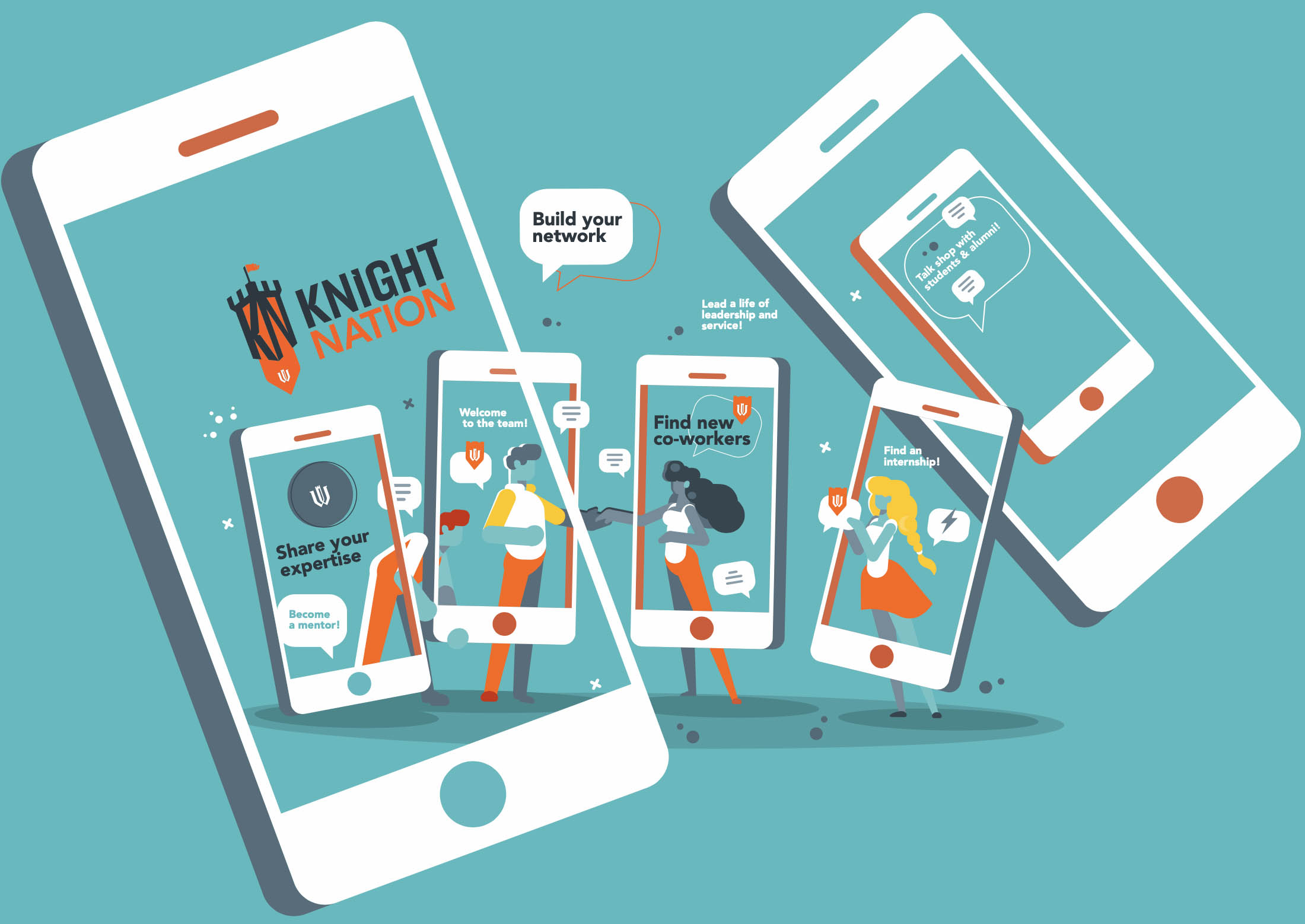 Illustration of phones that conveys people connecting through the Knight Nation app