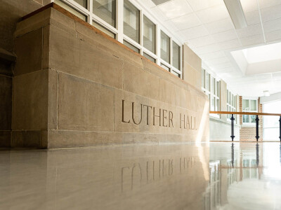 The Luther Hall tansom can still be seen on the second floor inside the Rada-Aleff Classroom Technology Center.