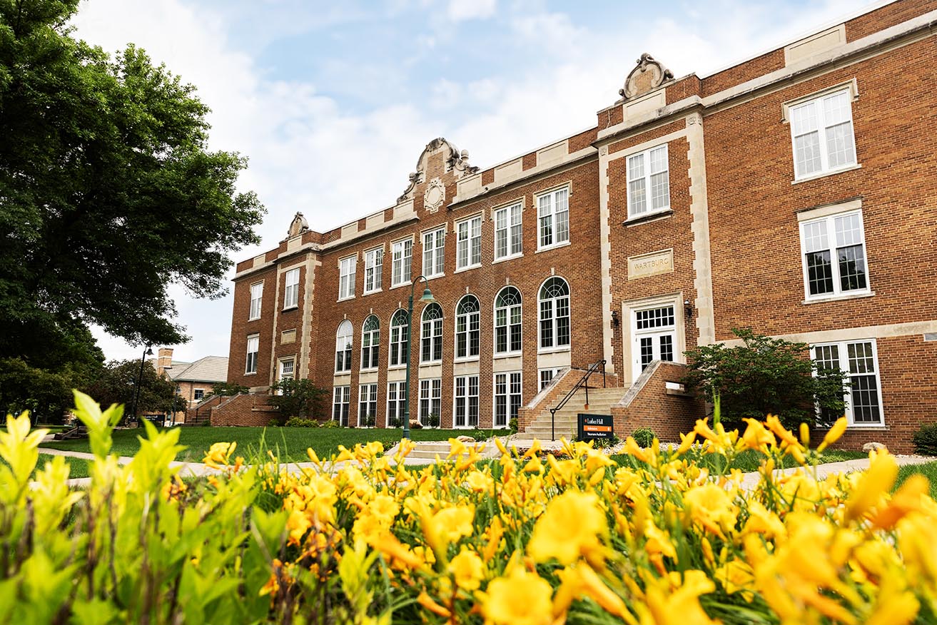 Luther Hall exterior from 2025 with yellow flowers in the foreground